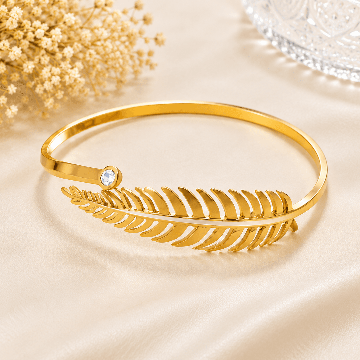 Stainless Steel Gold Feather-Inspired Cuff Bracelet