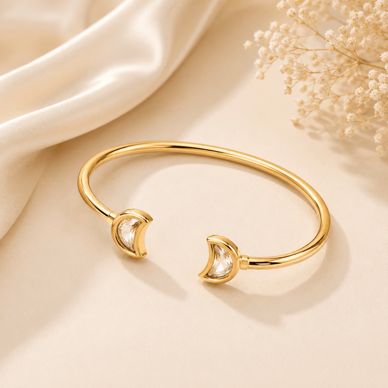 Stainless Steel Minimal Gold Crystal Crescent Cuff Bracelet